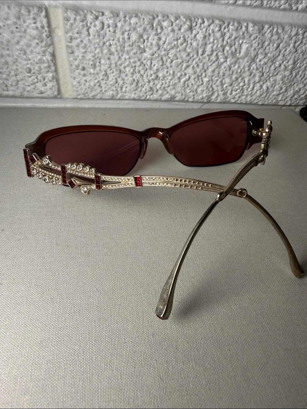 Judith Leiber Red Rectangular Frames with Decorative Metal Temples
